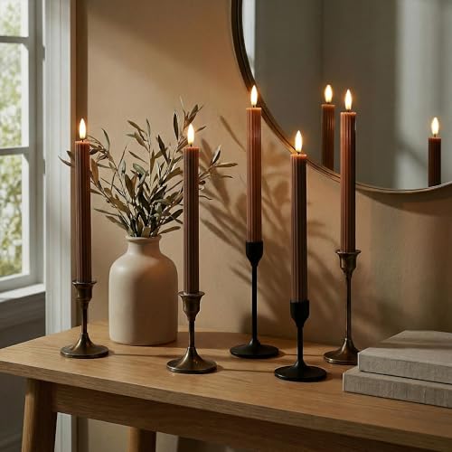 Image of 10 inch Fluted Ribbed LED Brown Tan Grooved Pillar Candles with 2 Remotes & 24h Timer Memory, On /Off Switch - Flameless Dimmable Battery Operated w /Flicker Mode, Home Wedding Decor (12 Pack)