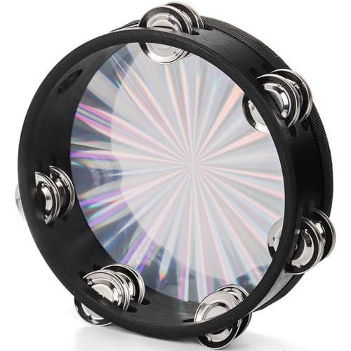YOUEON 2 Pack Radiant Tambourine with Double Row Jingles, 8/10 Inch Wood Handbell Music Reflective Drum, Hand Drum Percussion Instrument for Church, Tambourine for Dance, Party, KTV