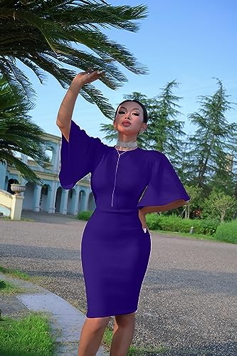 Image of Memoriesea Women's Basic Bodycon Ruffle Flared Short Sleeve Pencil Midi Dress