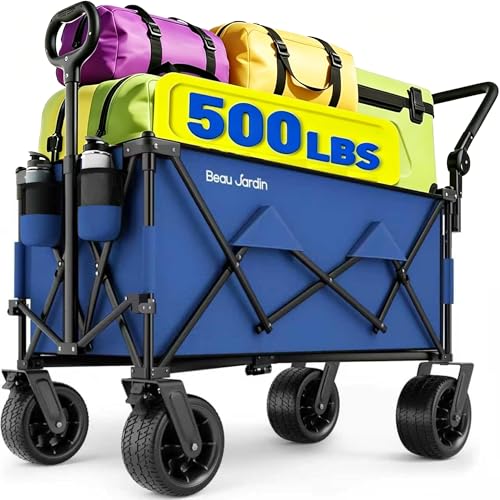 BEAU JARDIN Carrello Pieghevole Giardino Tela Vagoni Carrello da Trasporto con 4 Ruote e Freni in Acciaio Carrello Rimorchio a Mano da Trasporto Carico Massimo 100KG Blu Scuro