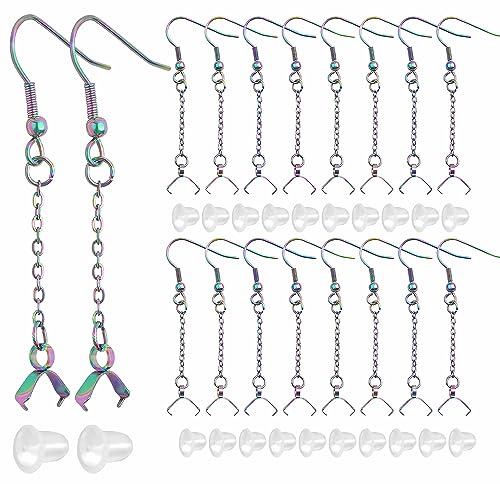 JMKTOOL 20pcs Rainbow Color Stainless Steel Earring Hooks with Beaded Chains and Pinch Clasps, Fish Hook Style, Polished Finish, Earring Findings