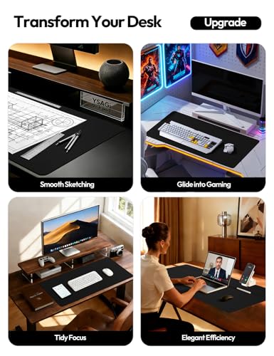 YSAGi - Tappetino da scrivania in pelle sintetica (poliuretano), grande tappetino per mouse, computer portatile, antiscivolo, impermeabile, per casa e ufficio (nero, 60 x 35 cm) - Image 2