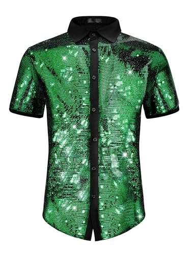 Lars Amadeus Sequins Shirts for Men's Short Sleeves Disco Party Sparkly Metallic Shirt2