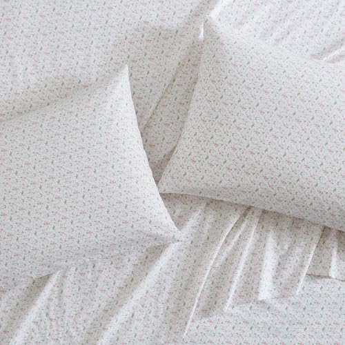 Image of Laura Ashley - Twin Size Sheet Set, Crisp & Lightweight Cotton Percale Bedding with Fitted Sheet and Pillowcase, Floral Room Decor, Deep Pocket, College Dorm Room Essentials (Evie Pink)