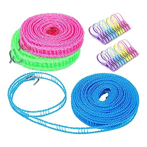 Rfeeuubft Pack of 3 Non-Slip Washing Line, 3/5 / 8 M with 24 Clothes Pegs with Hooks for Garden, Travel,Motorhome or Caravan Replacement