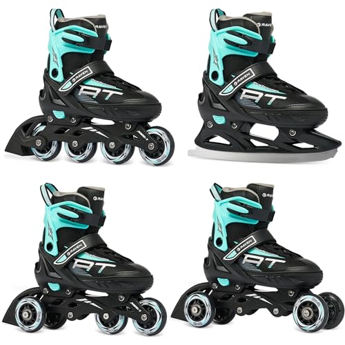 RAVEN Profession 4in1 Inlineskates Triskates Rollschuhe Schlittschuhe Inliner für Kinder und Erwachsene verstellbar (Black/Mint 35-39 (23cm-25 5cm))