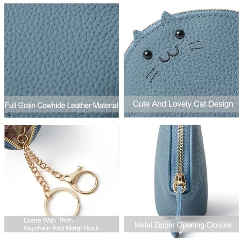 Image of Doris&Jacky Small Leather Coin Purse for Women, Mini Cat Coin Pouch And Animal Zipper Card Holder Wallet With Keychain (4-Light Blue)