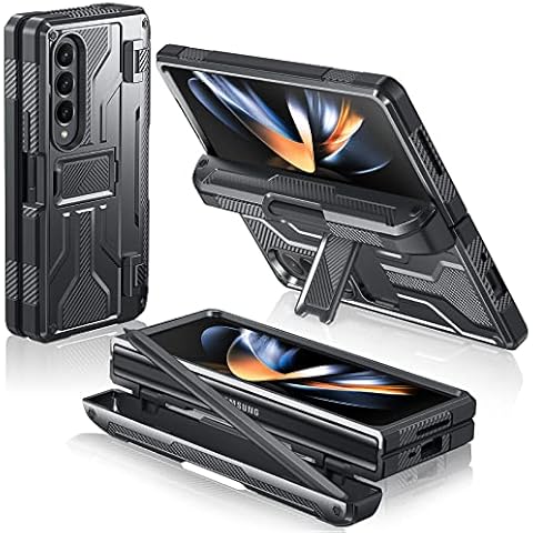 HJCMikee Design Phone Case for Samsung Galaxy Z Fold 4 5G(2022) Heavy Armor Style All-Inclusive Hinge Protection Smartphone Cover with Hidden Kickstand and S Pen Holder Cover