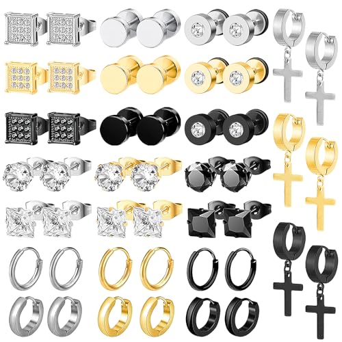 NEWITIN 24 Pairs Stainless Steel Earrings for Men Hypoallergenic Inlaid Cubic Zirconia Studs Hoop Earring Cross Dangle Earrings Unisex Punk Stud Earring for Women Men
