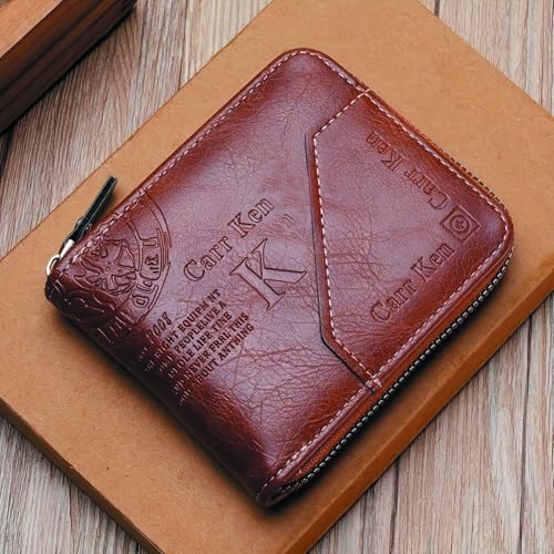 Image of Mens wallet Leather wallet men Wallet Zipper RFID Bifold Wallet for Men ID card Window Credit Card Coin Photo Multifunction Card Slots Gift for Him,brown-1