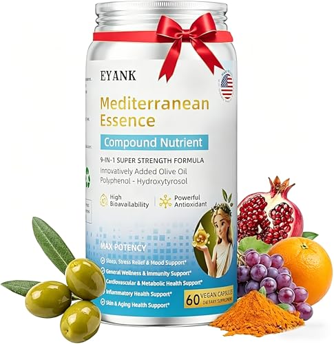 EYANK 9-in-1 Mediterranean Metabolic Health Olive Leaf Extract Supplement(25% Hydroxytyrosol) USA Made Antioxidant Supplement for Immune Sleep & Mood Support- 60 Capsules