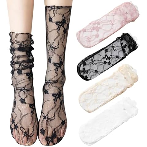 KABAKE 4 Pairs Women's Lace Socks Girl's Sheer Slouch Socks Mesh Socks Novelty Decorated Socks Nylon Socks Loose Ankle High Cover