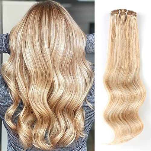 ABH AMAZINGBEAUTY HAIR Remy Blonde Hair Extensions Human Hair Clip ins, Double Weft 7 Pieces with 17 Clips Silky Straight Soft Hair for a Full Head, Color 20/60 Ash Blonde Highlights, 125 Gram 20 Inch
