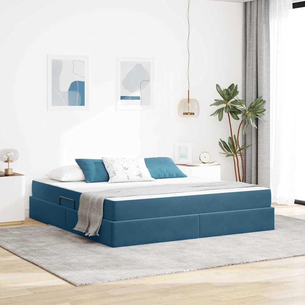 Cama de almacenamiento con colchón, terciopelo azul oscuro, 180 x 200 cm, elevador lateral hidráulico, muebles de dormitorio modernos, marco de cama super king size