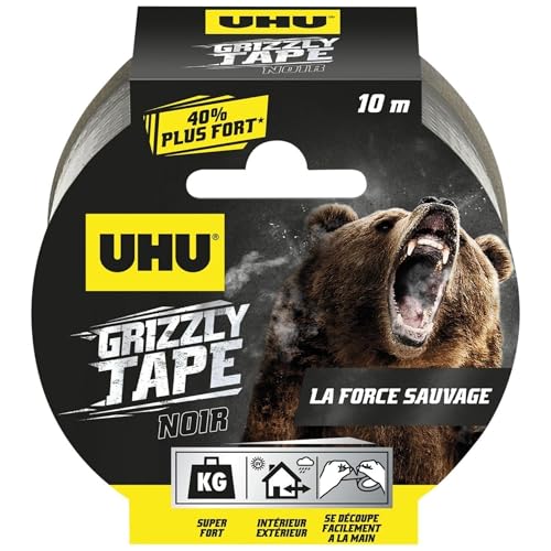 UHU Grizzly Tape - Ruban Adhésif Toilé Waterproof - En PE Extrudé - Fixation Extra-Forte & Durable - Usage Intérieur/Extérieur - Se Déchire à la Main - Ruban Noir...