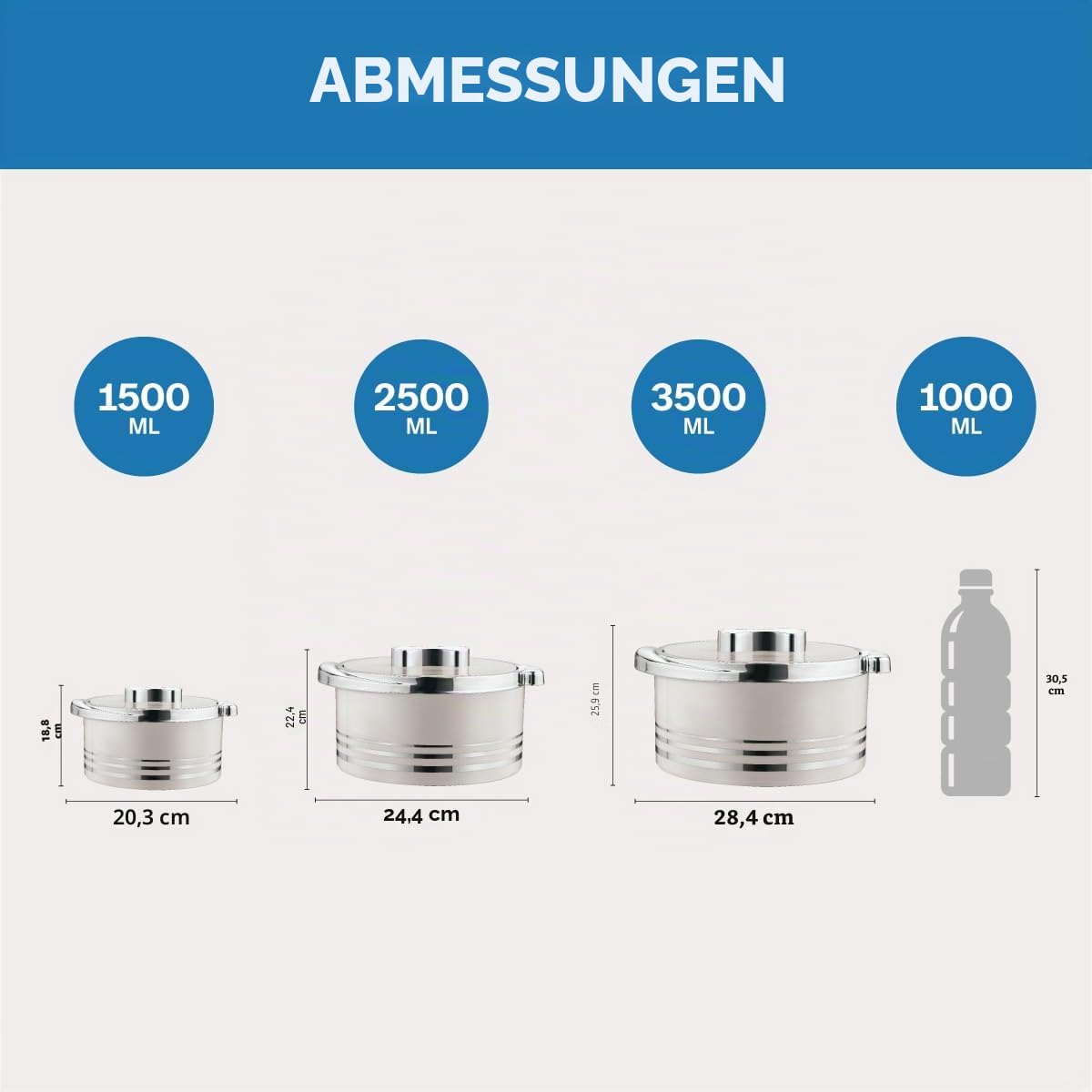 Pinnacle Isolierte Auflaufform mit Deckel, 3-teiliges Set, 3,7/2,6/1,5 qt. Hot Pot Speisenwärmer/Kühler – Thermo-Suppen-/Salat-Servierschüssel, Edelstahl-Behälter für heiße Speisen, tolles