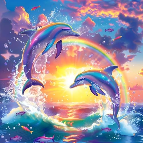 CEOVR Kit Diamond Painting Adulte,Peinture Diamant Adulte Dauphin 5D Diamond Painting Kit Complet,Coucher de Soleil Diamant Kit,30x30 cm Animal Diamond Painting