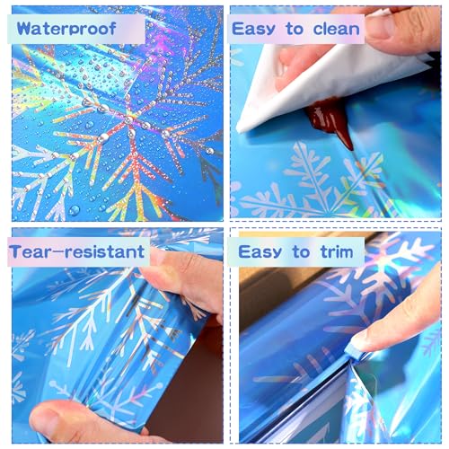 Image of Kochorie 100 Ft x 54 Inch Iridescent Winter Snowflake Tablecloth Roll with Cutter Box Holographic Blue and Purple Snowflake Wonderland Table Cover Backdrop for Frozen Birthday Party Supplies