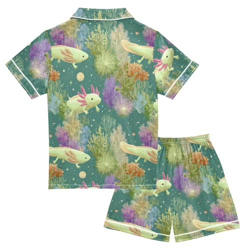 Satin Pajama Sets Short Sleeve Axolotl with Colorful Plants Button Down Silky Nightwear 2 Piece PJS 5-14Y2