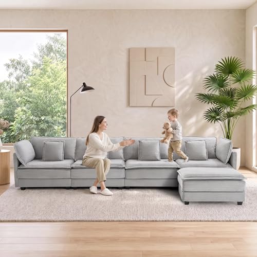Image of Corduroy Sectional Couch, 4 Seater 149.2 inch L Shaped Cloud Couch with Ottoman, Modular Deep Seat Sofa with Pillows for Living Room, Apartment, Lightgrey