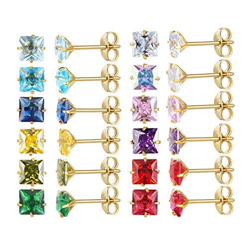 12 Pairs 18K Gold Plated Surgical Stainless Steel Stud Earring Cubic Zirconia Birthstone Stud Earrings Set for Women