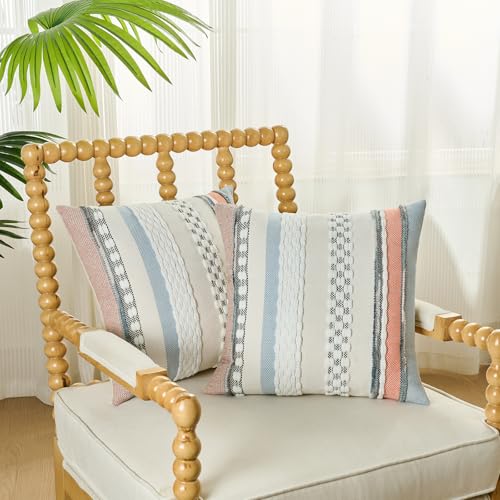 Volcanics Orange Blue Boho Throw Pillow Covers 18x18 Set of 2, Chenille Farmhouse Decorative Cushion Covers, Neutral Striped Accent Pillowcases for Couch Sofa Bed