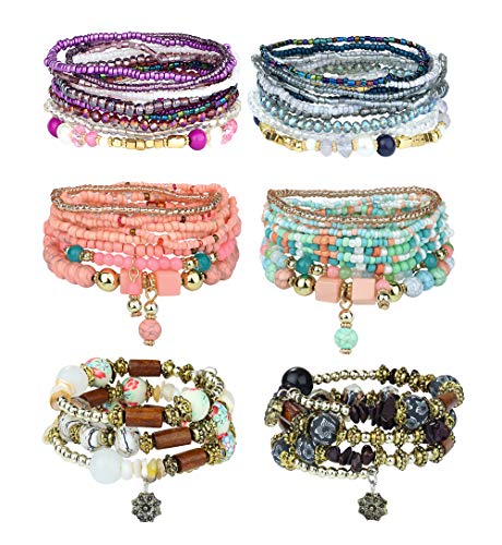 Thunaraz 6 Sets Bohemian Stackable Bead Bracelets Set for Women Men Multilayered Bracelet Set Stretch Bangles Boho Bracelet Jewelry
