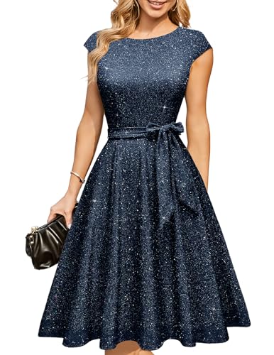 DRESSTELLS Cocktailkleider für Damen Hochzeitsgäste 2025 Sparkly Fit Flare Vintage Party Kleid, Pailletten Aline Modest Mother of Bride Midi Kleid...