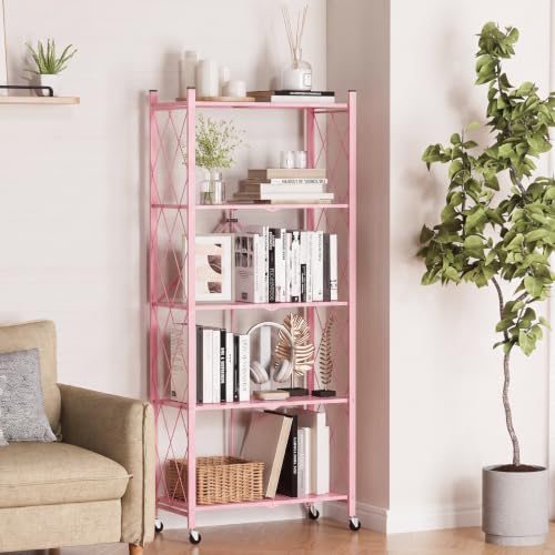 Image of ALANNG 60.6 Inch Folding Bookshelf, 5 Tier Metal Bookcase and Bookshelves | Tall Shelves for Living Room Office Bedroom, Heavy Duty Book Shelve Free Standing Open (Pink, 4PACK)