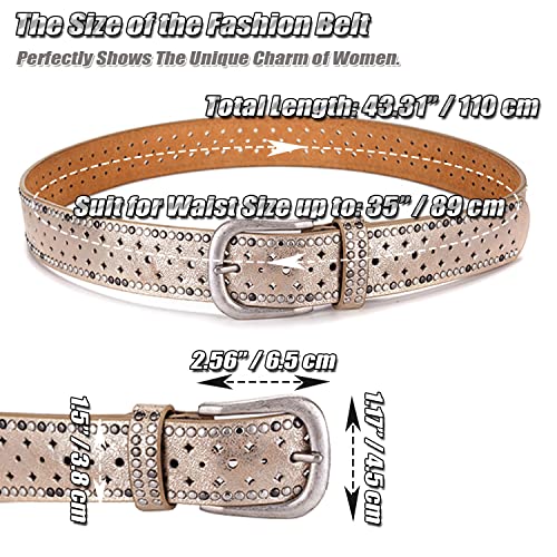 Ladies Fashion Waist Belt with Rivets Trim, Cowhide & PU Leather Belt for Women, Shiny Studded Belt for Jeans Shorts3