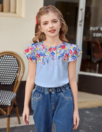 Image of Arshiner Girls T Shirts Ruffle Short Sleeve Summer Pleated Crewneck Casual Tops Tees Blouses