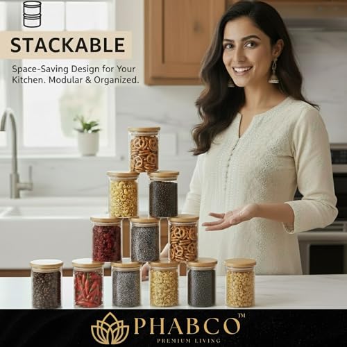 Image of Borosilicate Glass Jars with Bamboo Lids | Airtight Food Grade Containers | Durable Storage Jars for Snacks, Spices, Tea, Coffee & Dry Fruits | Transparent Jars Set of 12 (270 ml Each)