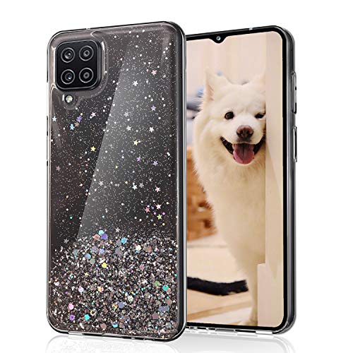 YXKJ Coque Compatible avec Samsung Galaxy A12/A12 Nacho/M12, 2 Pièces Verre Trempé Protection Écran, Coque Glitter Silicone Gel TPU Femmes Housse Souple Paillette - Transparent Cover