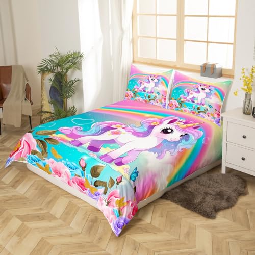 Housse de couette mignonne licorne arc-en-ciel, cadeau d'anniversaire idéal pour lit de fille - 4