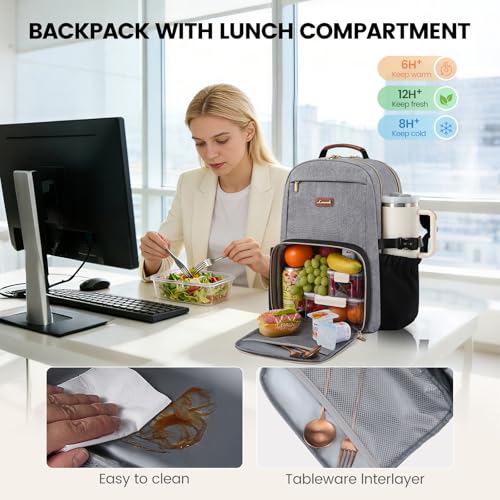Image of LOVEVOOK Lunch Backpack with Lunch Compartment,15.6 Inch Laptop Work Travel Insulated Cooler Backpack, Waterproof College Teacher Lunch Bag Box with Tumbler Holder,Gifts for Men Women,Grey-Black-Brown
