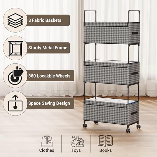 Image of Lukzer 3-Tier Clothes Organizer Basket with Wheels | Fabric Closet Storage Rack for Folded Clothes | Metal Rolling Wardrobe Shelf for Bedroom Closet & Laundry Room (Black & White /28x57x136 cm)