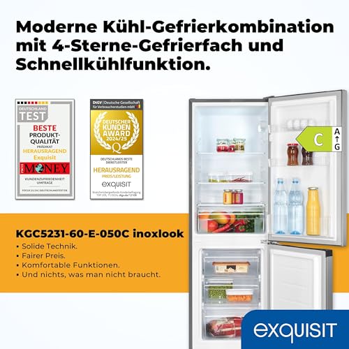 Exquisit Kühl-Gefrierkombination, Kühlschrank mit Gefrierfach, 4-Sterne-Gefrieren, 157 Liter, Schnellkühlen, KGC5231-60-E-050C inoxlook – Bild 3