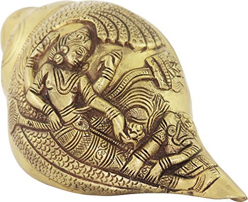 Purpledip Rare Collection Cruelty Free Vegan Blowing Shankh Conch in Antik-Finish Messing mit reichhaltiger Modellierung von hinduistischen religiösen Gottheiten Vishnu-Lakshmi (10384)