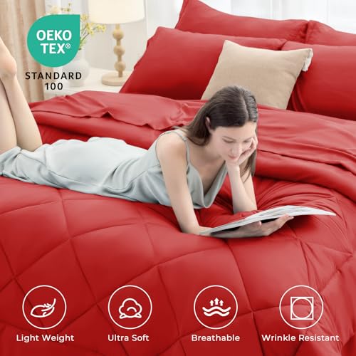 HEVUMYI Red Twin Comforter Set - 5-Piece All Season Bed in a Bag Twin, Ultra Soft Bedding Set with Comforter, Flat Sheet, Fitted Sheet, Pillowcases, Pillow Shams