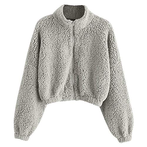 ZAFUL Women's Zip Up Fluffy Teddy Jacket Coat Faux Shearling Drop Shoulder Cropped Sweatshirts