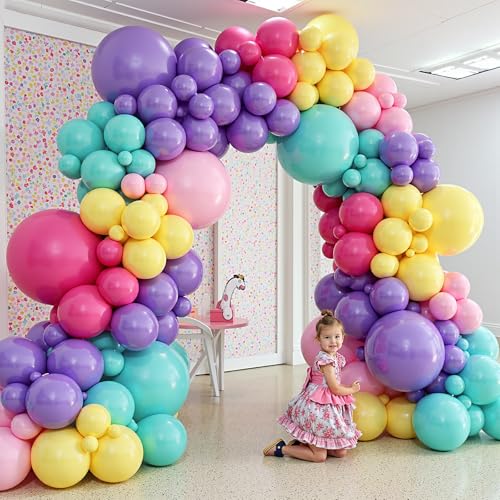 Image of 412pcs Purple Blue Pink Balloon Garland Arch Kit, 18 12 10 5 inch Different Sizes Hot Pink Metallic Purple Teal Yellow Balloons for Kid Magic Baby Shower Birthday Engagement Party Decoration