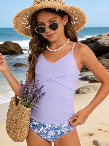 Image of Girls Swimsuit Tankini Criss Cross Ruched 2 Piece Bathing Suit Printed Girl Swimwear for Teens 9-16Y