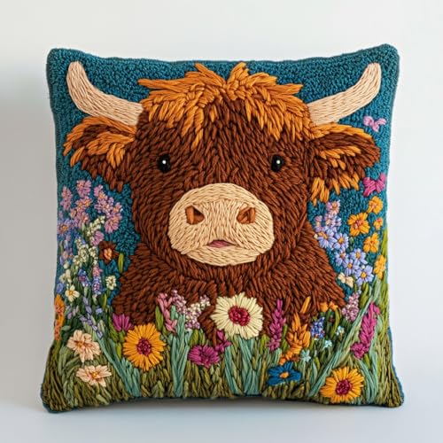DIY Punch Needle Pillow Kit Cute Brown Highland Cow in Grass with Pattern and Hoop Handmade Embroidery Punch Needle Starter Pillowcase Making Set for Home Sofa Decoration 43x43cm-8