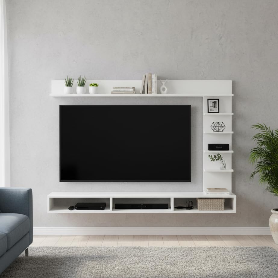 Image of FURNEASER Eplus Engineered Wood Wall Mount TV Unit /TV Stand /TV Cabinet /TV Entertainment Unit /Set Top Box Stand Showcase (Ideal for 50-55 Inch) (D.I.Y) (White)