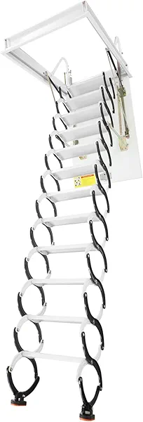 Pull Down Attic Ladder 12-Step Folding Stairs for 10ft Ceiling, Heavy Duty 300kg Capacity Hidden Retractable Loft Ladder, S-Shaped Design Ceiling Mounted for Home Attic Access