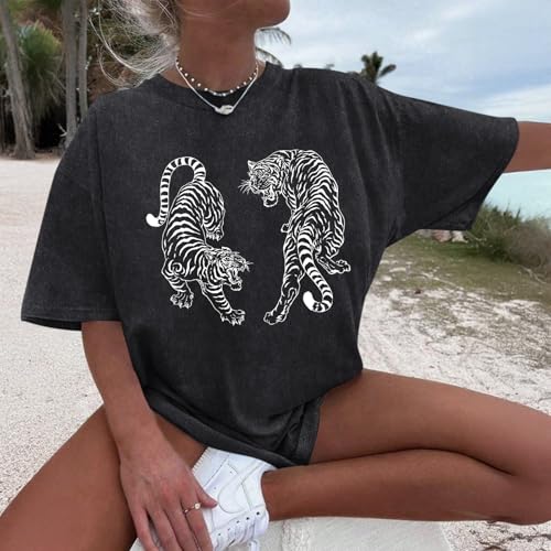 Tiger Graphic Tees Shirt for Women Oversized Streetwear Shirts Acid Wash Tshirt Tigers Print Cotton Summer Tops2