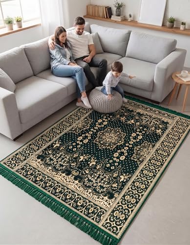 Image of 5x7 Feet Carpet for Living Room | Acrylic Cotton Area Rug | Soft, Durable & Lightweight | Anti-Slip Floor Rug for Bedroom, Hall, Office | Large Washable Carpet (Golden Green)