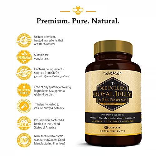 Immune Boosting Royal Jelly (4 Bottles) Supplement with Bee Pollen & Propolis | All Natural, High Potency Superfood for Energy, Clear Skin | 90 Pure, Non-GMO, Gluten Free Vegetarian Caps Each - Image 3