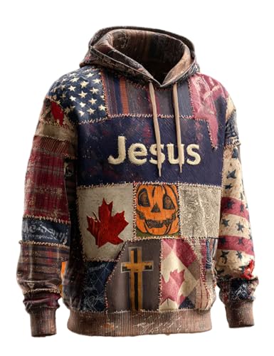 Men's Patchwork Halloween Sweater Christian Cross Shirts Fall For Jesus He Never Leaves Shirt Pumpkin Season Maple Leaf Print God Faith Christ Clothing Autumn 2025 Outfits