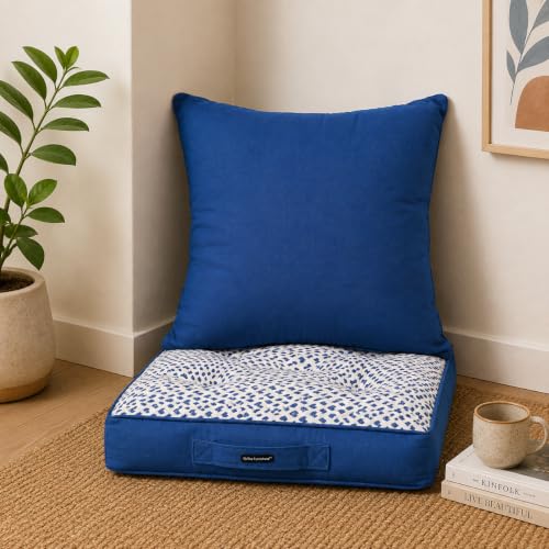 Image of Blue Woven Quilted Floor Cushion Set 60x60x10 CM with Fillers & Back Cushion, Large Size for Seating, Patio Seat, Meditation, Yoga, Pooja, Guests, Living 24x24x4